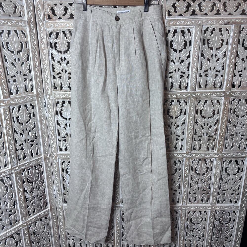 Reformation Pants Womens 6 Beige Linen High Rise Wide Leg Pleated Trousers